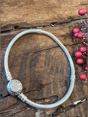 Authentic Pandora Bracelet Signature 14k Gold Silver Moments Logo Clasp Round Cz